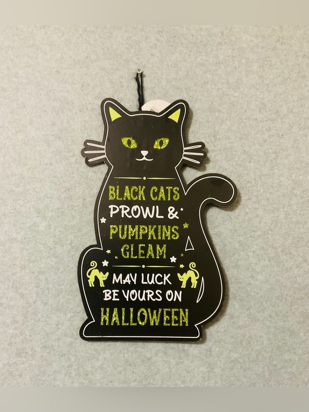 Halloween Black Cat Glitter Wall Hanging - Black and Neon Green New